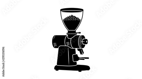 Detailed black silhouette of an electric espresso coffee grinder machine with beans. Perfect for barista, cafe menu, and specialty coffee themes.