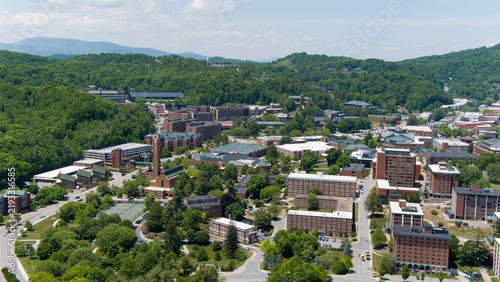 Aerial view of downtown Boone, North Carolina and Appalachian State University.