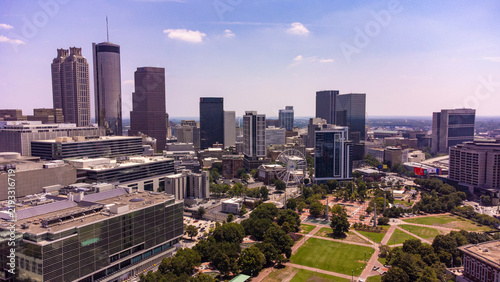 Aerial view of downtown Atlanta, Georgia, USA on a sunny day. Logos and branding have been removed from buildings.