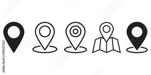 Set of black location and navigation map pin icons for website design and mobile applications.