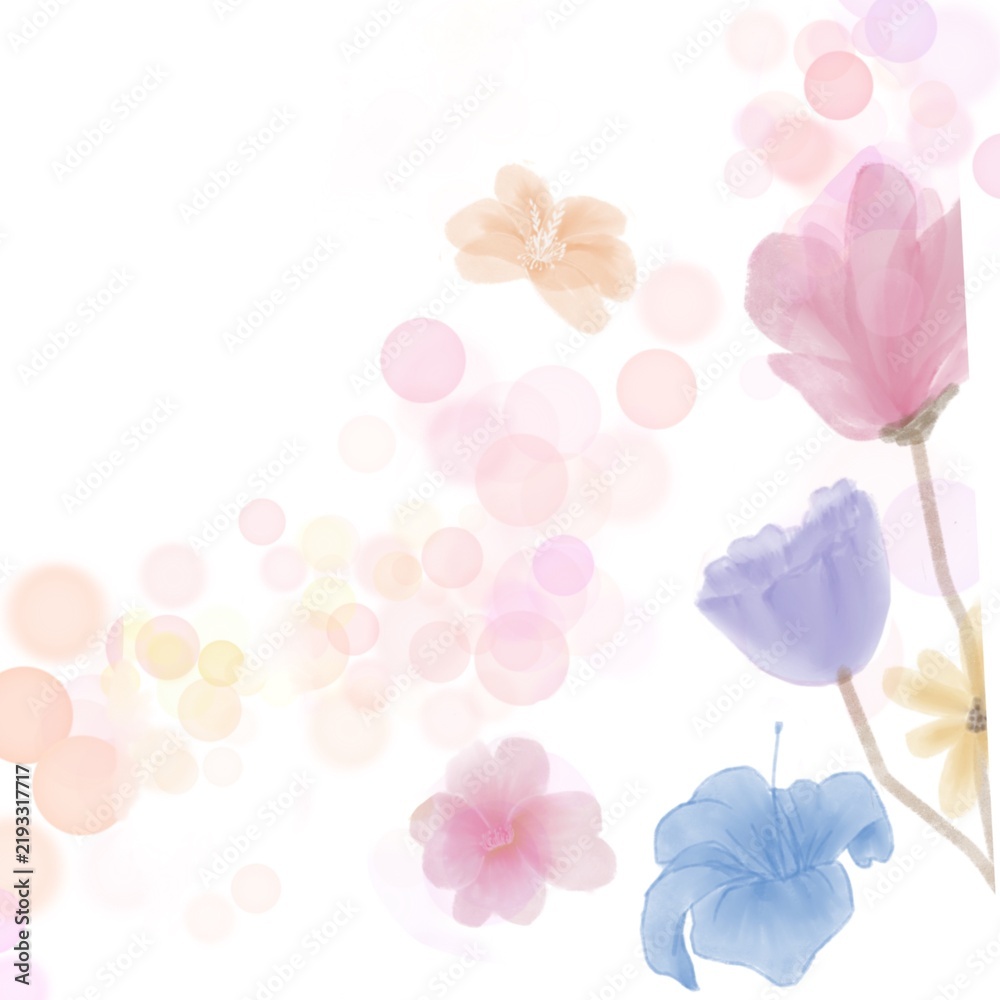 Obraz premium Watercolor floral background frame with colorful spring flowers and bokeh light effect