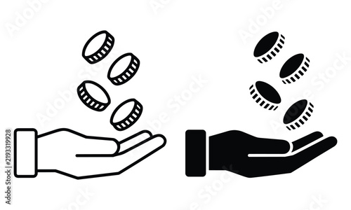Professional minimalist flat vector icons of human hands catching falling coins to represent financial success and growth.
