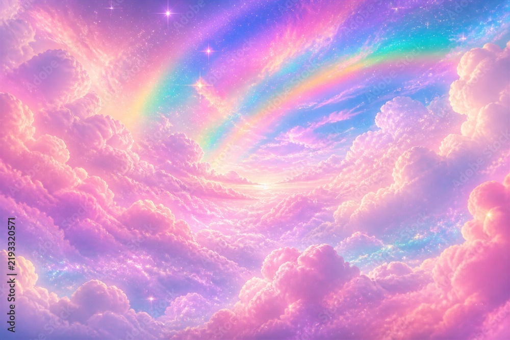 Obraz premium Rainbow arching above pastel clouds in dreamy sky at sunrise