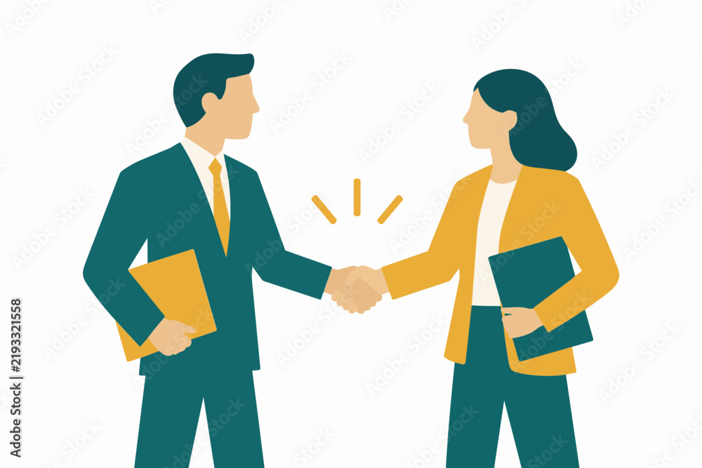 Fototapeta premium Flat vector illustration of two colleagues shaking hands over a successful deal