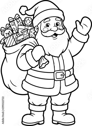 Cute Santa Claus with gift sack Christmas coloring page for kids