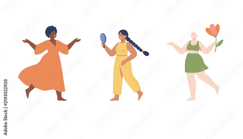 Fototapeta premium Group of three diverse happy women celebrating body positivity and self love while holding a mirror and a flower.
