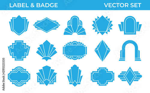 Art deco vintage ornate vector badge silhouette set featuring geometric fan shield and ornamental frames