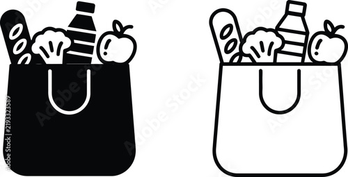 Black and white shopping bag icons with groceries grocery bag symbol