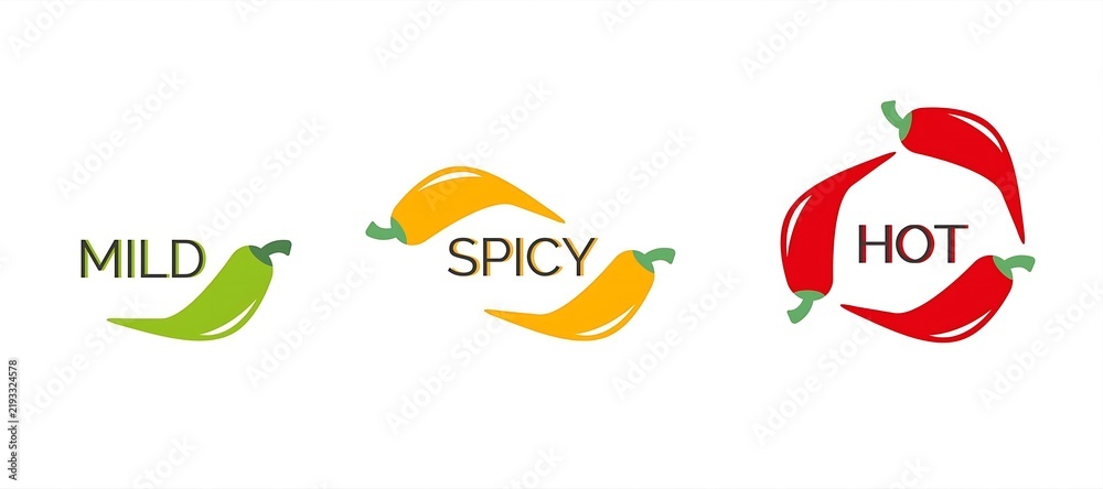 Fototapeta premium Spicy Food Level Indicator Labels With Green Mild Yellow Spicy And Red Hot Chili Pepper Icons Vector Banner Illustration.