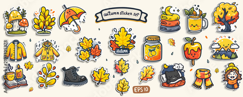 Cozy Autumn Sticker Set with Cute Cat, Warm Tea, Pumpkin, and Fall Leaves