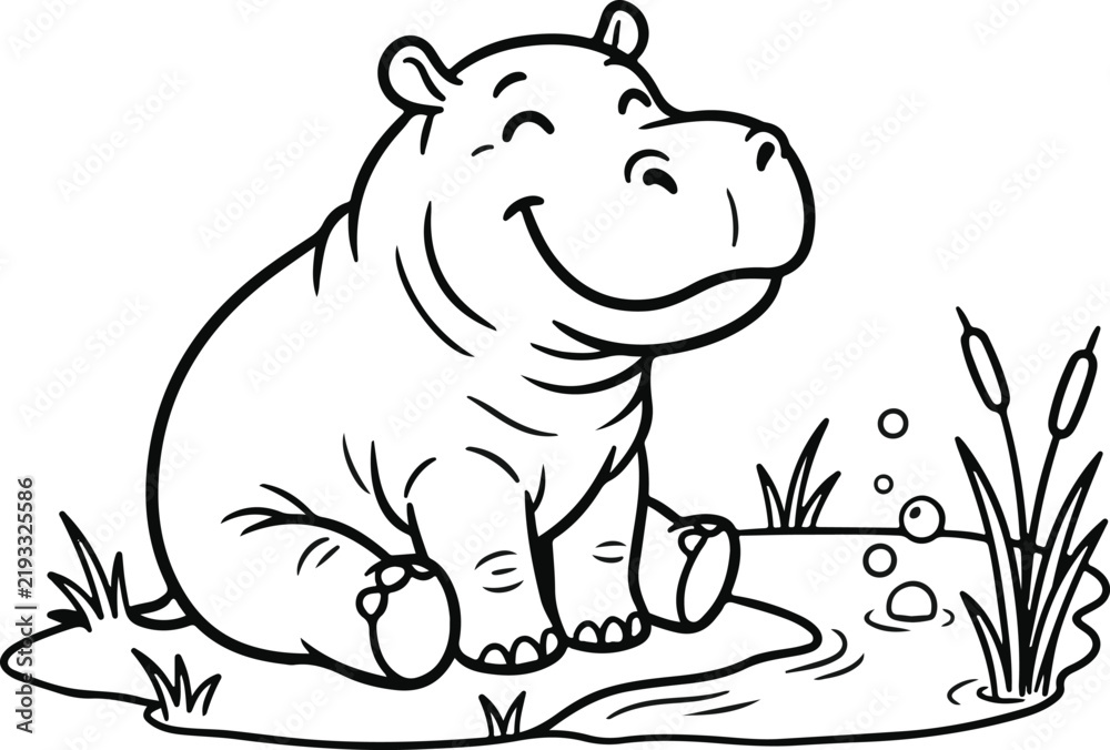 Fototapeta premium Cartoon hippopotamus sitting beside a small pond in a grassy area with clean white background