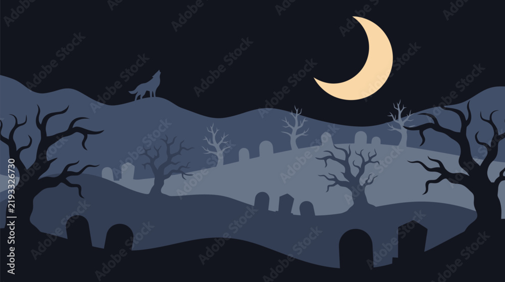 Fototapeta premium A spooky and enchanting halloween night scene vector illustration featuring a cemetery silhouetted trees and a glowing crescent moon in a dark blue
