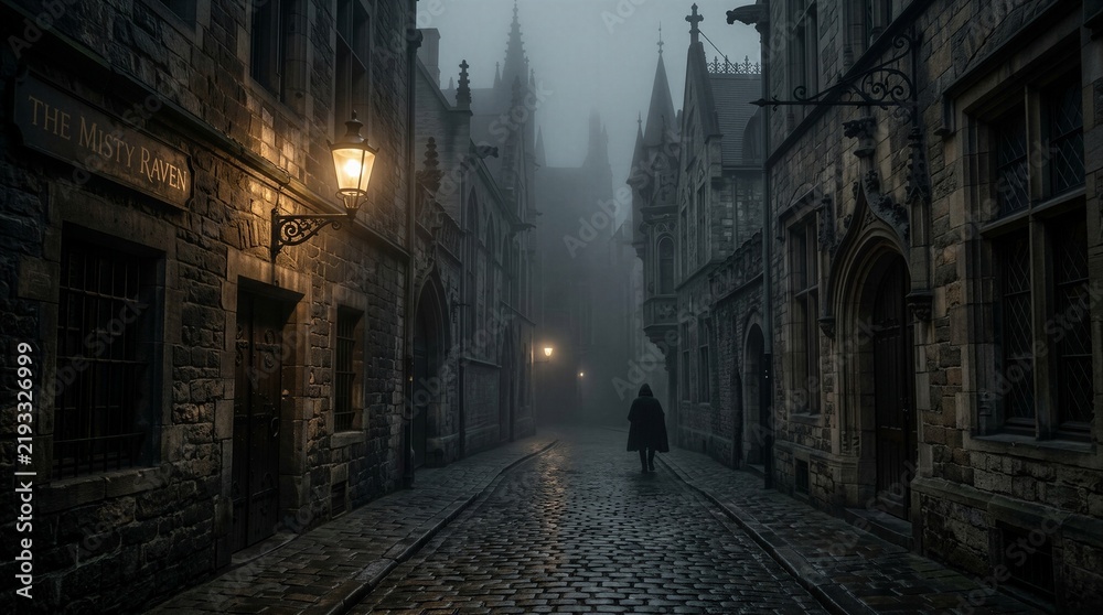 Obraz premium Misty alleyway with ancient stone buildings. Single figure walks away into foggy depth. Gas lamps glow softly against wet cobblestones. Gothic spires pierce the gloomy sky. Atmosphere evokes mystery