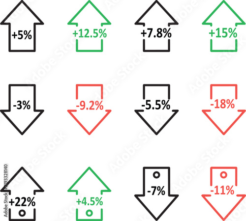 Percentage Arrow Growth and Decrease Icon Set Vector Illustration
