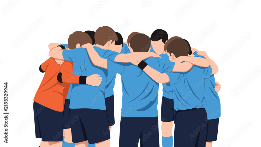 Obraz premium Football team players in blue uniforms huddling together with their goalie before a match in cartoon style.