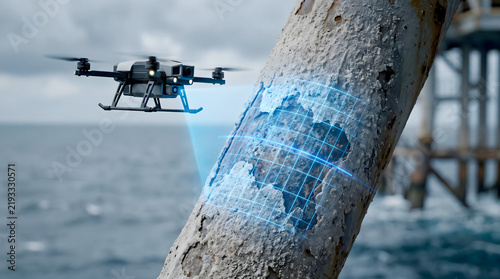 Offshore platform leg inspection performed by advanced quadcopter drone over the ocean.