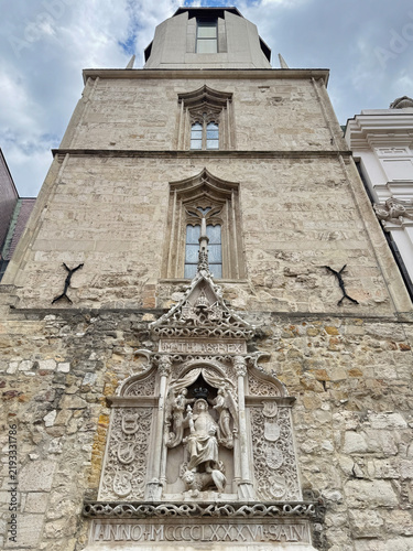 Obraz na plátně Matthias Rex Monument relief on Magdalene Tower wall in Budapest, Hungary