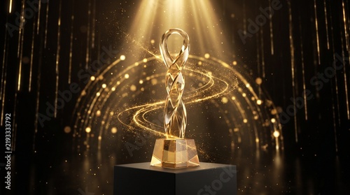 A golden abstract trophy sits on a pedestal under bright spotlights against a dark background