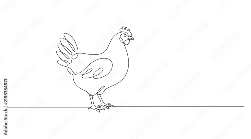 Fototapeta premium Continuous line art drawing of a farm chicken standing on a single line with farm animal