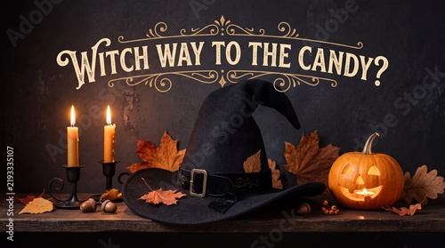 Halloween witch hat and jack-o-lantern with candles on a wooden table against a dark background