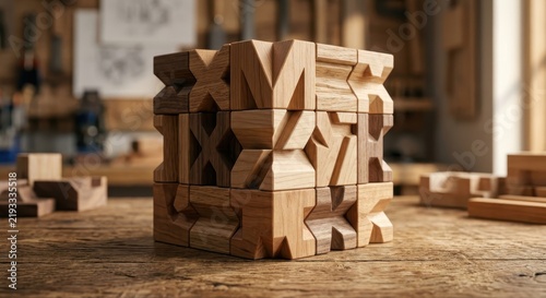 Intricately Carved Geometric Wooden Blocks Stacked in a Studio Setting