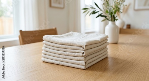 Neatly Stacked Freshly Laundered Beige Linens on a Wooden Table Surface