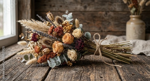 Rustic dried flower bouquet with roses and lavender tied with twine on wooden surface
