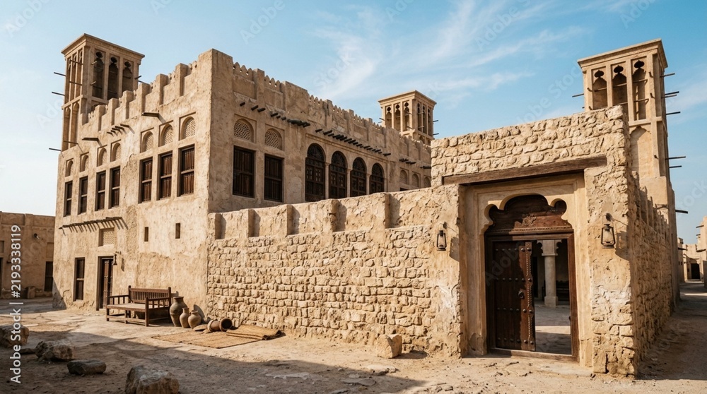 Fototapeta premium Historic Arabic building with wind towers, traditional architecture, desert city