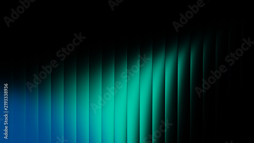 Abstract 3D ribbed glass gradient texture background with glowing teal blue light on dark black surface