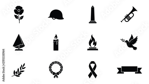 Black and white commemorative symbols representing remembrance and tribute in minimalist vector style with Collection minimalist black silhouettes symbolizes remembrance