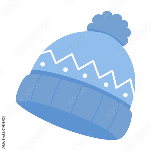 Cute blue winter beanie hat and white zigzag geometric pattern. Adorable knitted cap for Christmas decoration, winter holiday, seasonal fashion