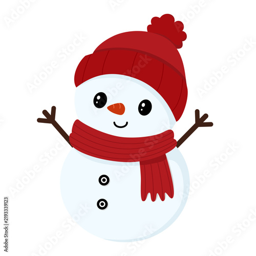 Cute Christmas snowman wearing red beanie hat and scarf. Adorable winter snowman illustration for Christmas decoration, winter season design, and festive gift tags