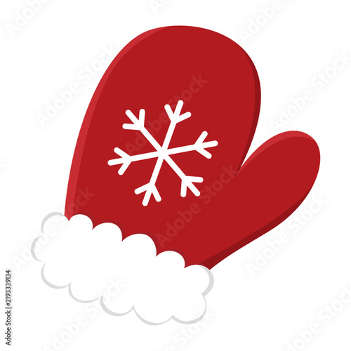 Red Christmas mitten with snowflake detail and white fluffy trim. for Christmas decoration, winter season design, and festive gift tags
