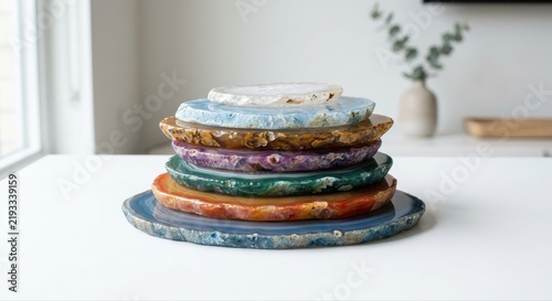 Stack of Polished Colorful Agate Slices Serving as Unique Natural Stone Coasters