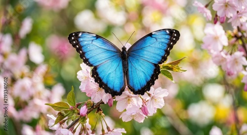 Vibrant Blue Butterfly Resting on Delicate Pink Blossoms in a Softly Blurred Garden