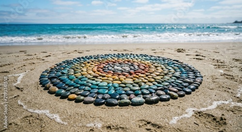 Vibrant Stone Mandala Art Arrangement on Sandy Beach with Ocean Waves and Blue Sky