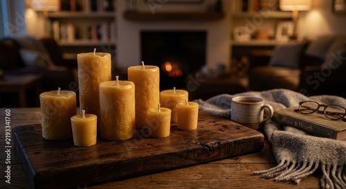 Warm Glow of Natural Beeswax Candles Arranged on a Rustic Wooden Surface with a Cozy Fireplace Background
