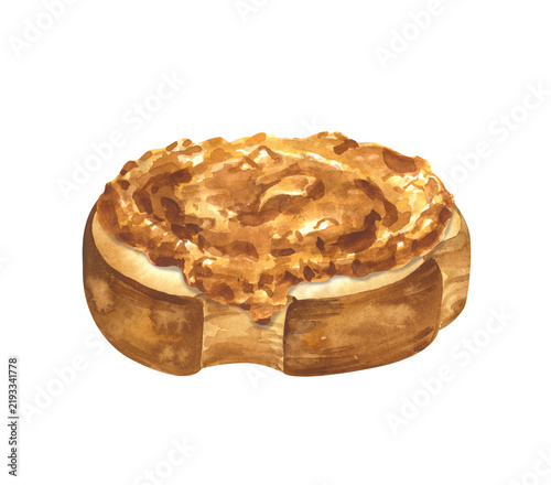 A watercolor illustration of peanut butter with nut crumbs spread on a piece of toasted bread on a isolated background.