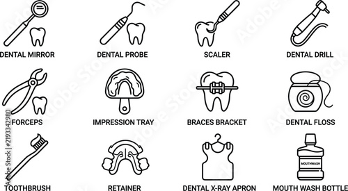 Bild auf Leinwand Dental care and clinical equipment line icons featuring mirror probe scaler dril