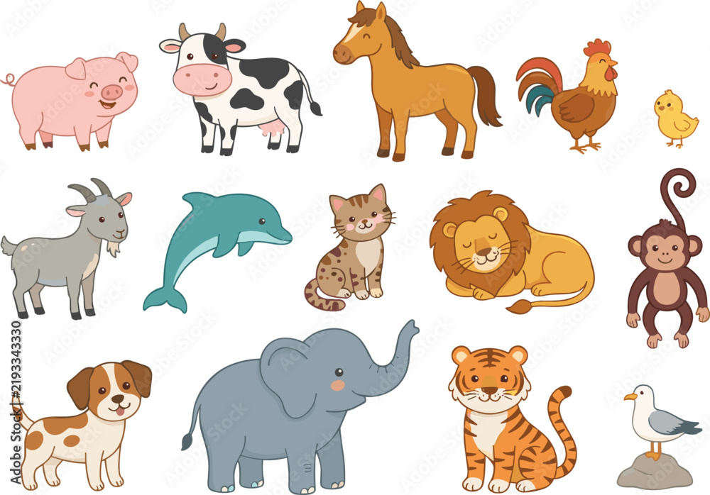 Obraz premium Cute cartoon animal vector collection with adorable domestic farm wildlife safari and marine creatures for children education baby design