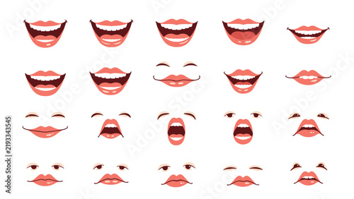 Set of diverse mouth and eye illustrations showing different facial expressions and reactions such as joy and sorrow.