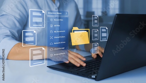 Online documentation database and document management system concept. Businesswoman working on laptop with virtual screen. Process automation to efficiently manage files.Digital file storage system.
