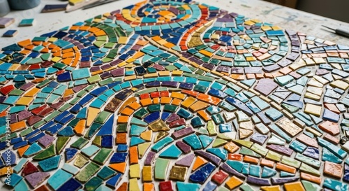 Vibrant scattered mosaic tiles creating an intricate colorful pattern on a textured surface