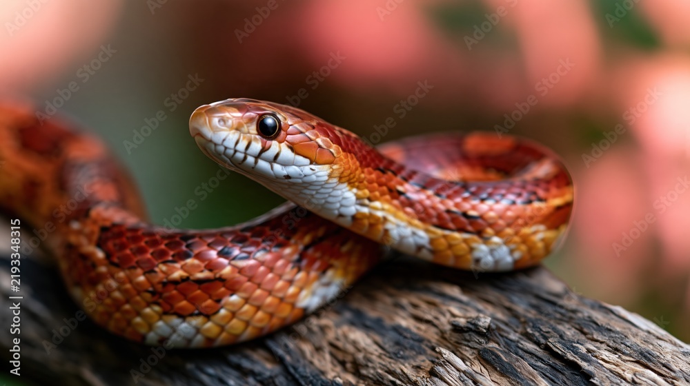 Obraz premium Close up of a vibrant orange corn snake coiled on a textured wooden branch with a blurred natural background