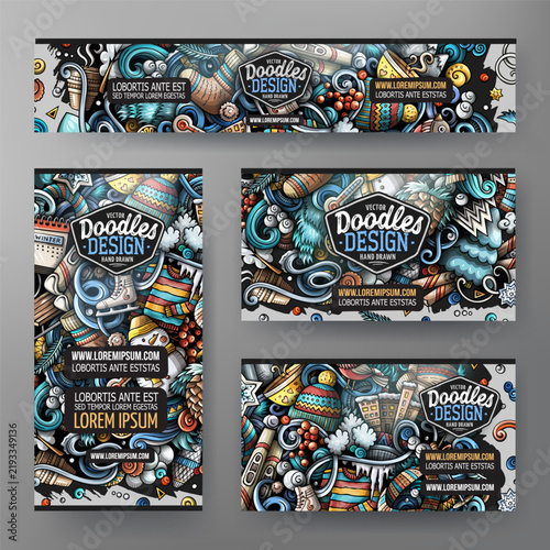 Collection of winter identity layouts with snowman, bird, ice skates, scarf, pine cone and snowflakes in colorful doodle style.