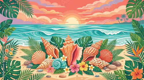 Seashells and tropical flowers arranged on a sandy beach at sunset with ocean waves coastal still life summer seashells beach vacation sea shells exotic flora