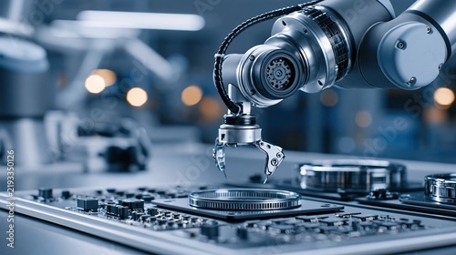 Advanced robotic arm precisely assembling electronic components on a futuristic manufacturing assembly line