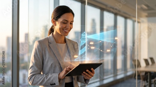 Businesswoman using a tablet displaying a lighthouse and network connections