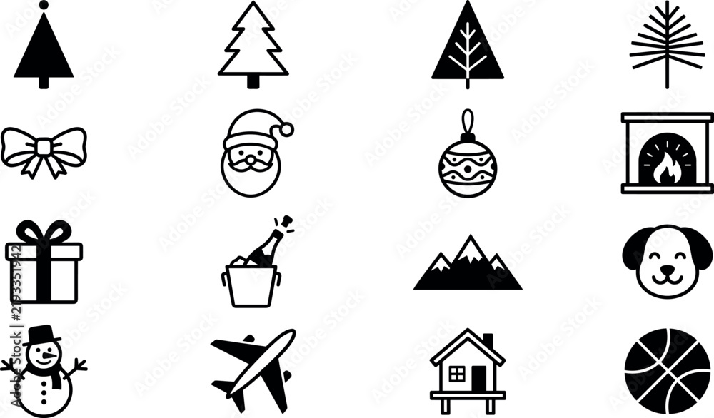 Fototapeta premium Minimalist Christmas and winter holiday line icon collection set featuring cozy lifestyle symbols isolated on white background