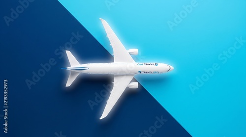 Model airplane on blue background, travel and tourism concept